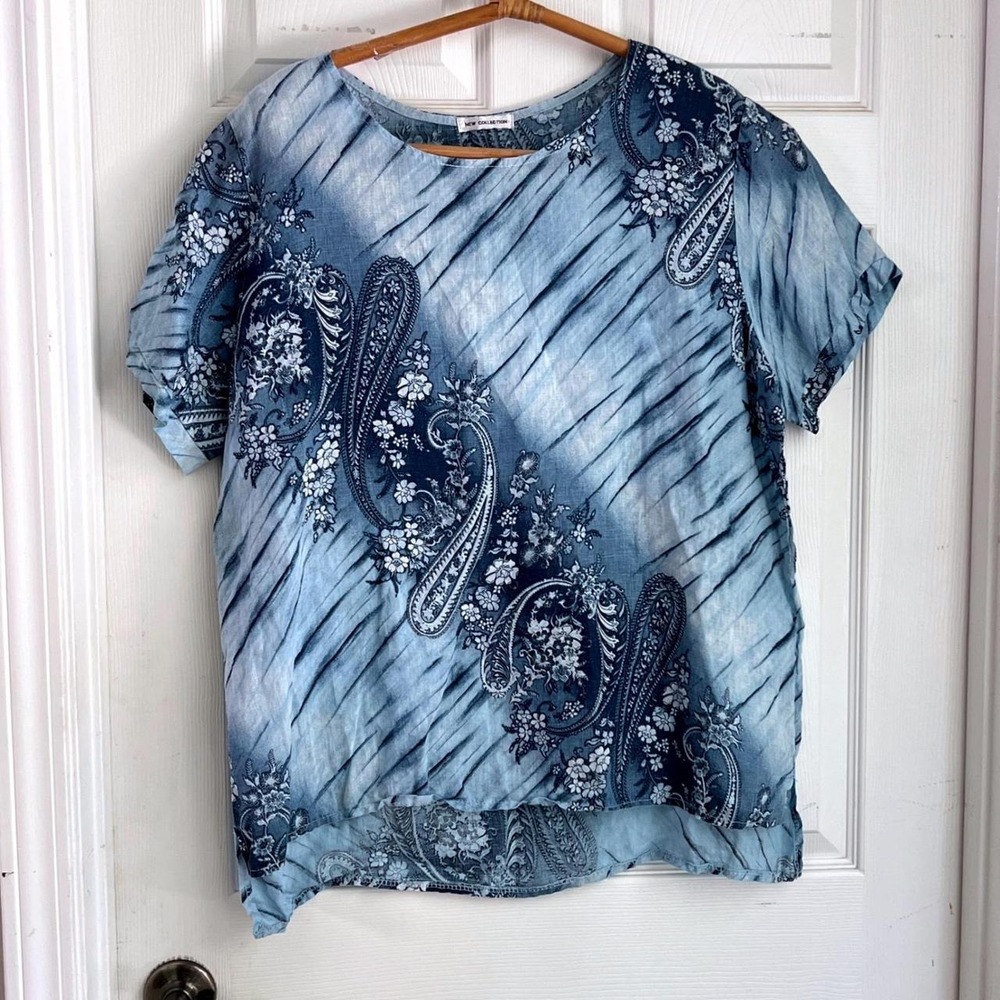 New Collection Linen Top XL Womens Paisley Blue Made in Italy Boho Lagenlook